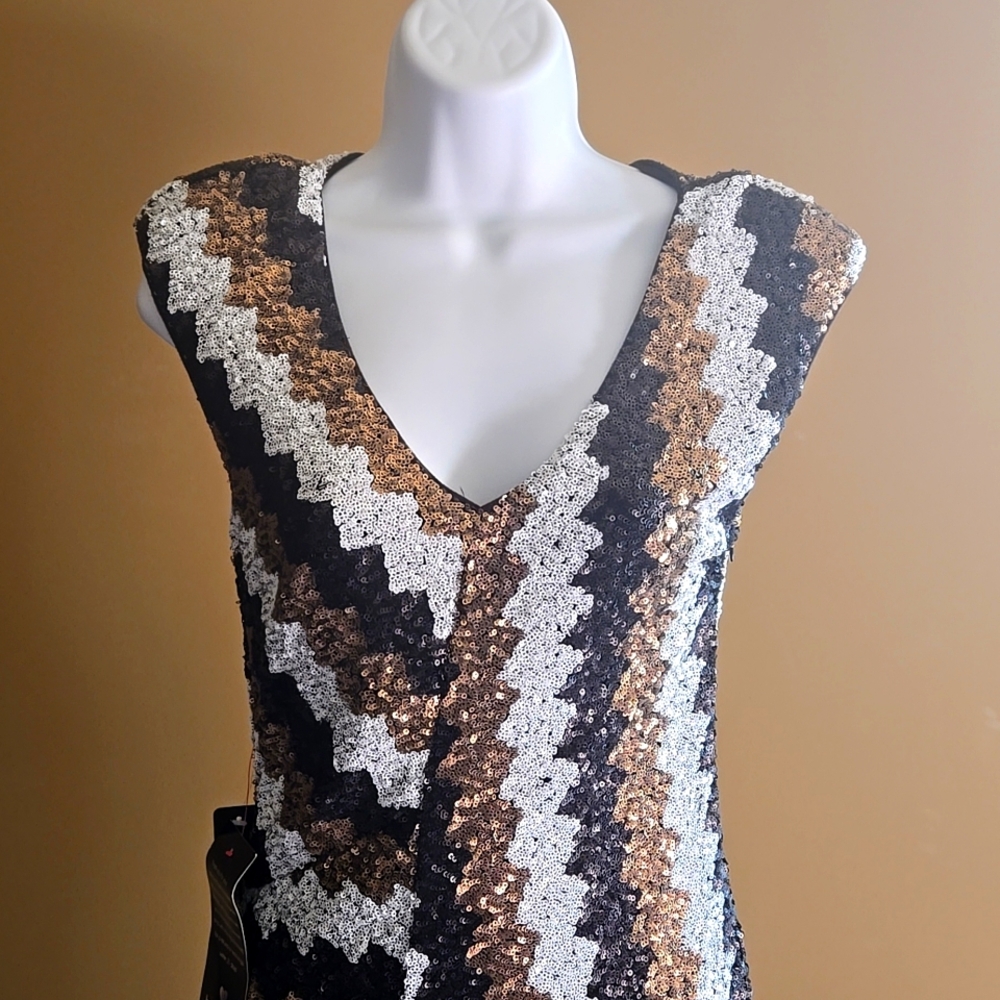 Bebe NWT wilderness sequined dress size XS Chevron Zigzag Pattern
